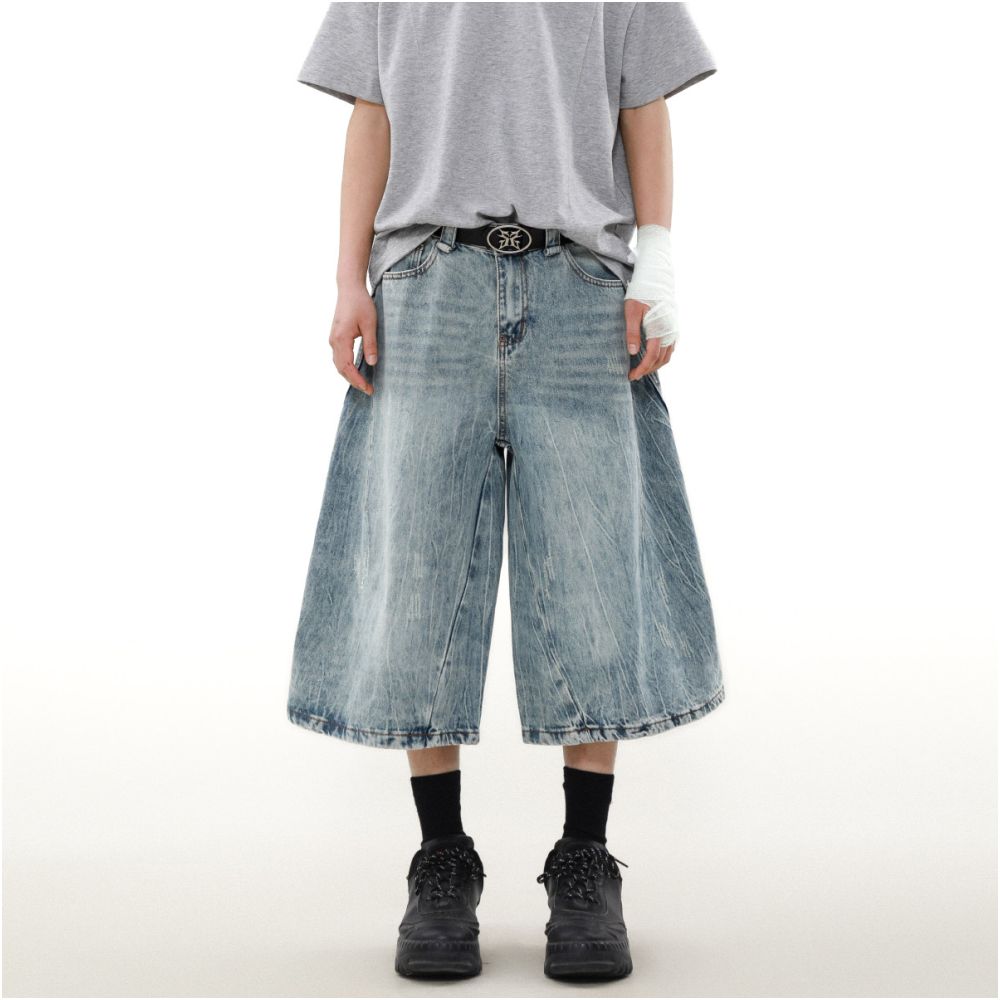 MRNEARLY American retro washed worn out denim shorts for men s street style loose design wide leg cropped pants trendy image 4
