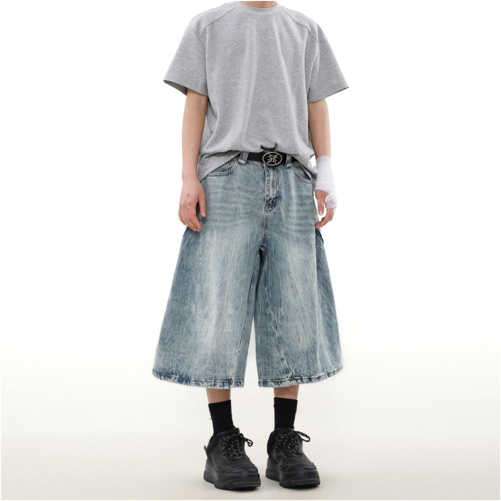 MRNEARLY American retro washed worn out denim shorts for men s street style loose design wide leg cropped pants trendy image 5