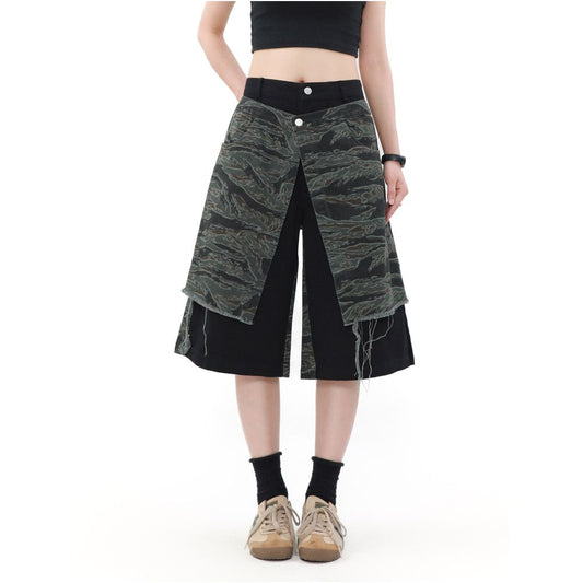 MRNEARLY American High Street Splicing Fake Two Piece Stacked Shorts 2024 Trendy Loose Straight Camo Casual Pants image 4