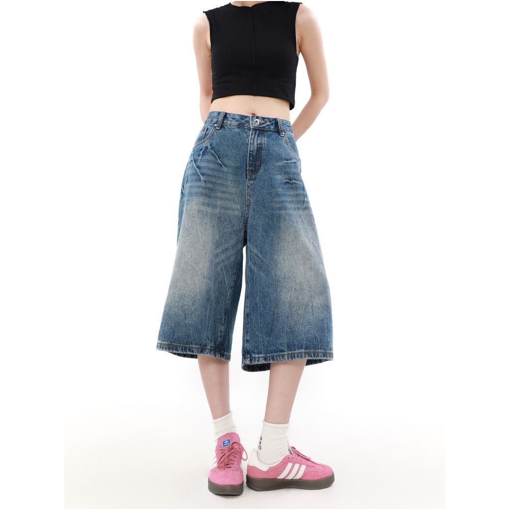 MRNEARLY American Retro Relaxed Loose Denim Shorts Men s Summer Design Couple Trendy Five Point Pants image 2