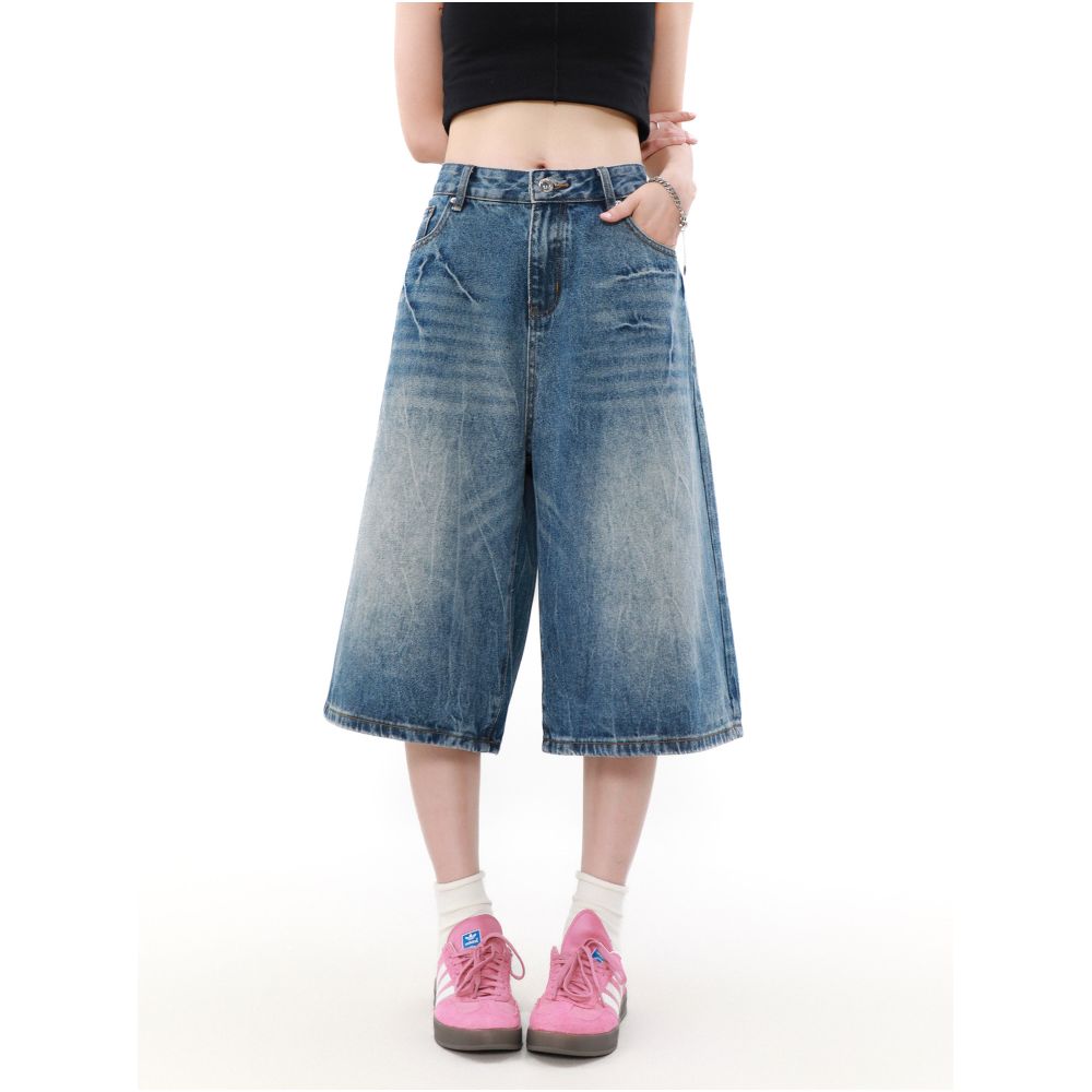 MRNEARLY American Retro Relaxed Loose Denim Shorts Men s Summer Design Couple Trendy Five Point Pants image 4