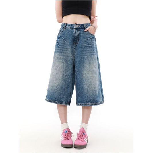 MRNEARLY American Retro Relaxed Loose Denim Shorts Men s Summer Design Couple Trendy Five Point Pants image 4