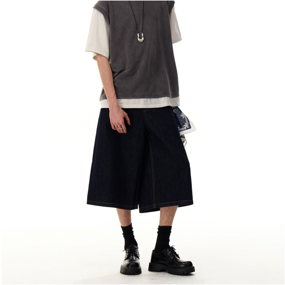 MRNEARLY American high end sense rugged and handsome straight leg seven quarter jeans men s lazy and relaxed feeling niche wide leg shorts image 1