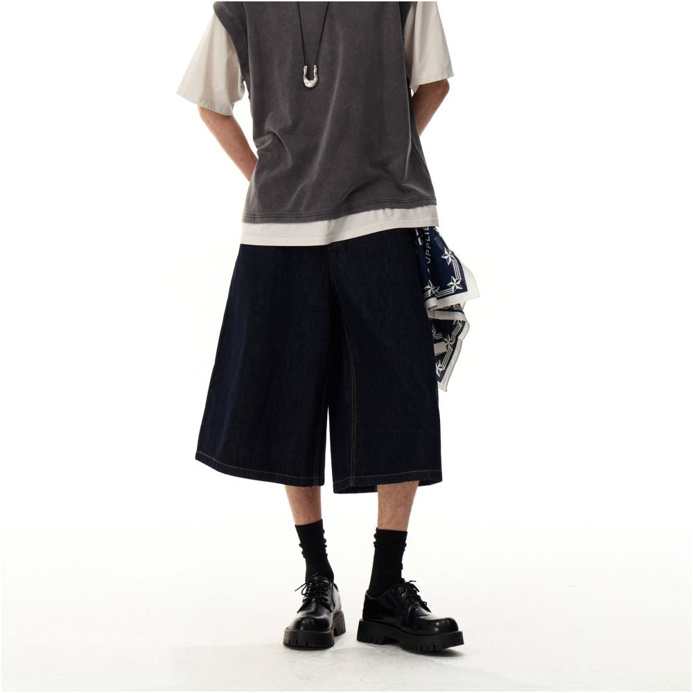 MRNEARLY American high end sense rugged and handsome straight leg seven quarter jeans men s lazy and relaxed feeling niche wide leg shorts image 2