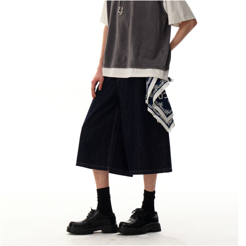 MRNEARLY American high end sense rugged and handsome straight leg seven quarter jeans men s lazy and relaxed feeling niche wide leg shorts image 3