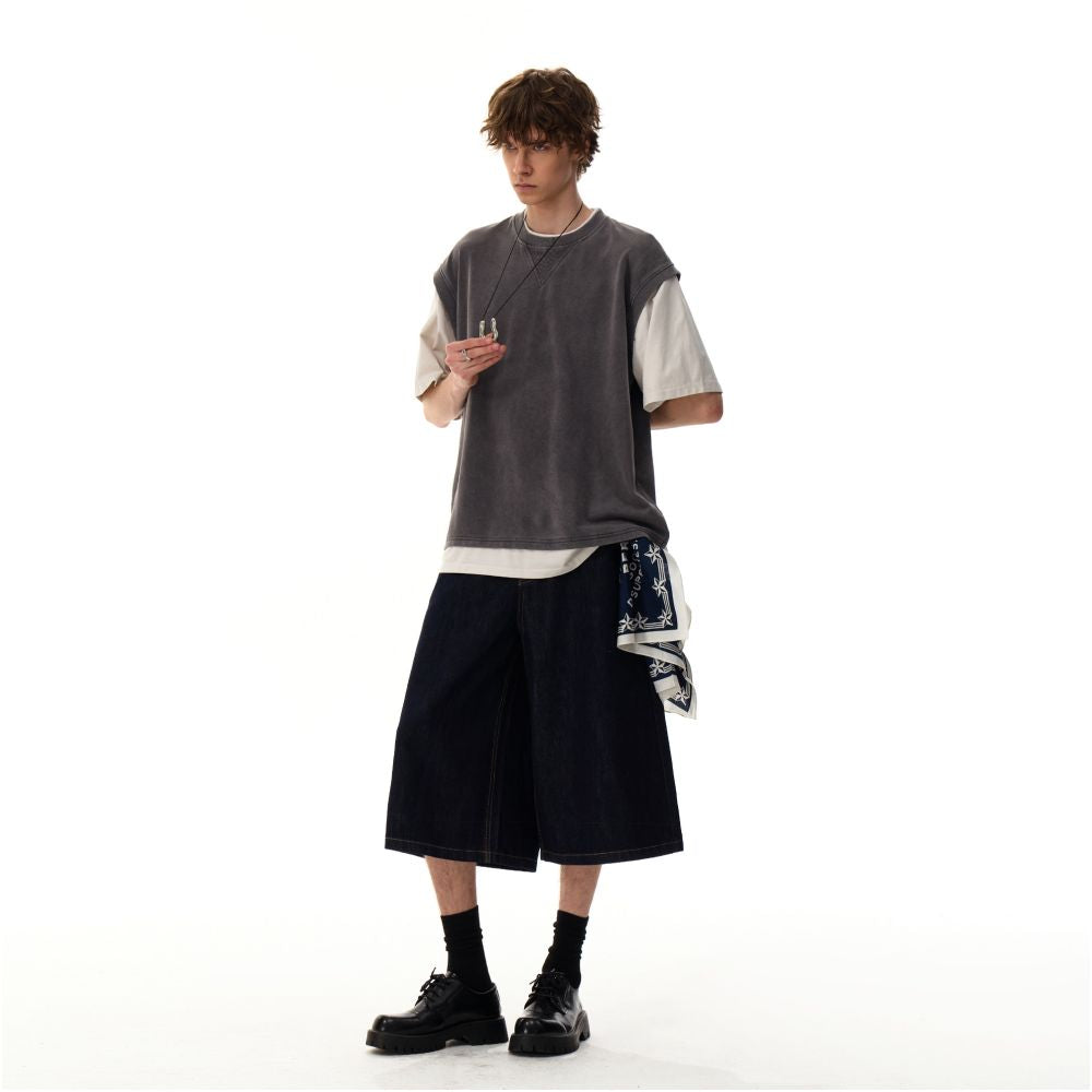 MRNEARLY American high end sense rugged and handsome straight leg seven quarter jeans men s lazy and relaxed feeling niche wide leg shorts image 4