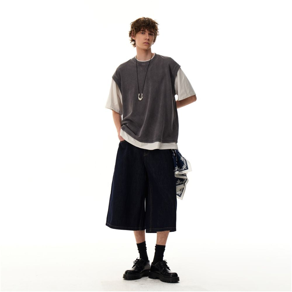 MRNEARLY American high end sense rugged and handsome straight leg seven quarter jeans men s lazy and relaxed feeling niche wide leg shorts image 5