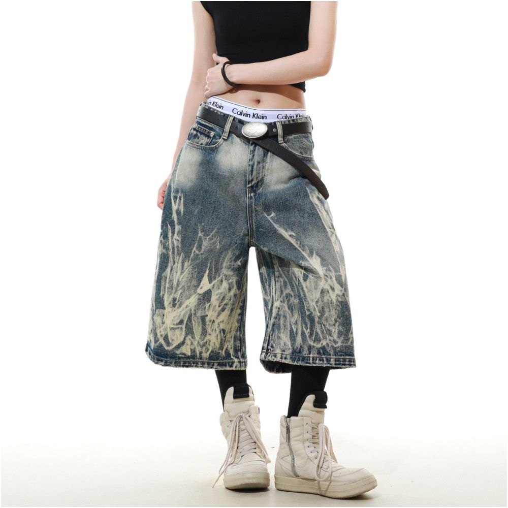 MRNEARLY American Retro New Lightning Flame Pattern Cowboy Shorts for Men in Summer Loose and Handsome Seven Point Pants image 5