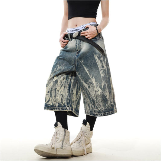 MRNEARLY American Retro New Lightning Flame Pattern Cowboy Shorts for Men in Summer Loose and Handsome Seven Point Pants image 0