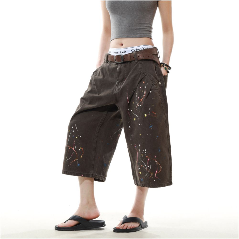 MRNEARLY American retro splashed ink design washed workwear cropped pants for men s casual straight leg loose wide leg pants image 1