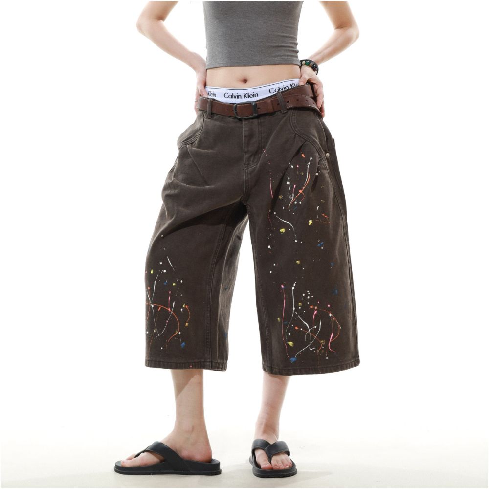 MRNEARLY American retro splashed ink design washed workwear cropped pants for men s casual straight leg loose wide leg pants image 2