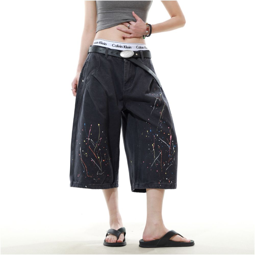 MRNEARLY American retro splashed ink design washed workwear cropped pants for men s casual straight leg loose wide leg pants image 3