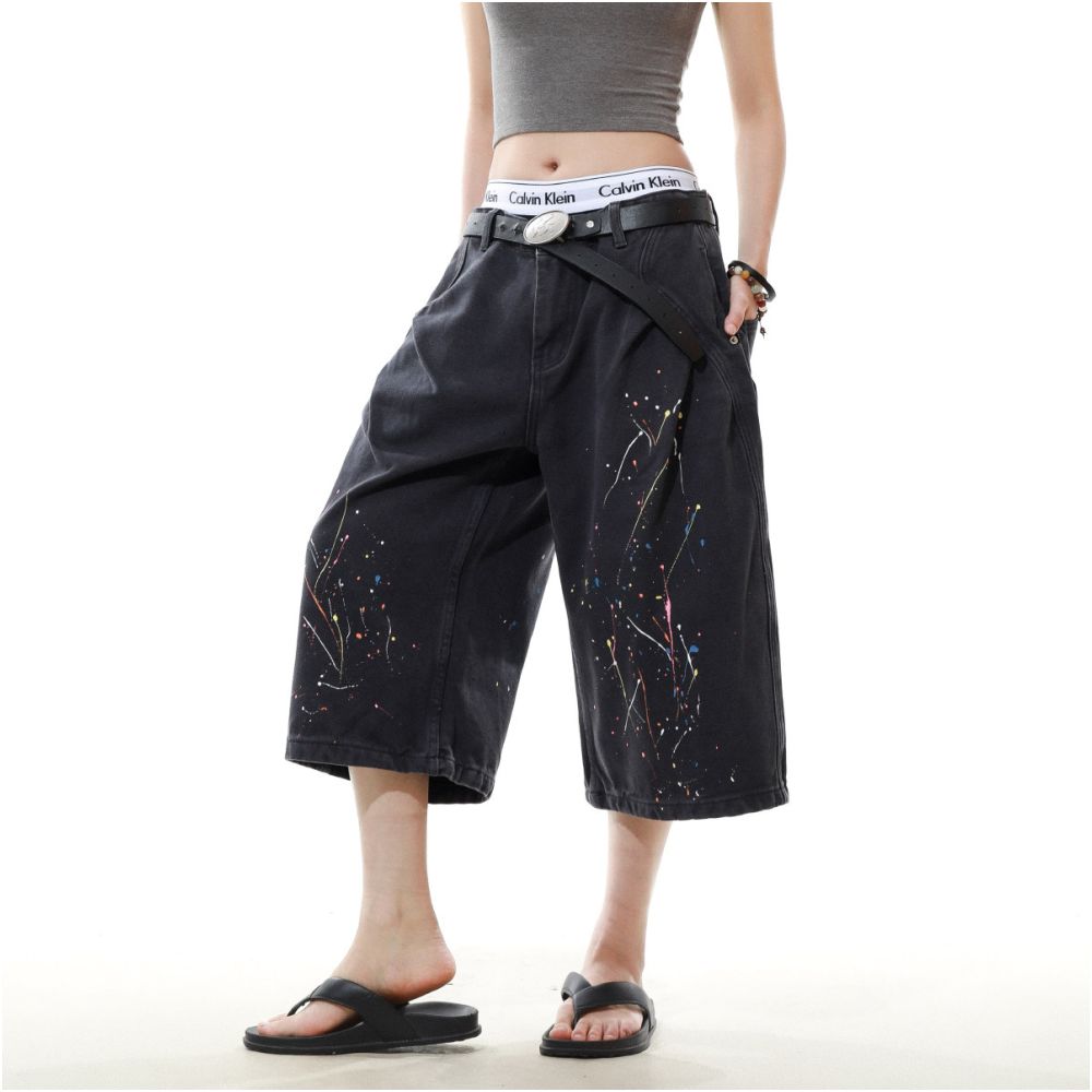 MRNEARLY American retro splashed ink design washed workwear cropped pants for men s casual straight leg loose wide leg pants image 4