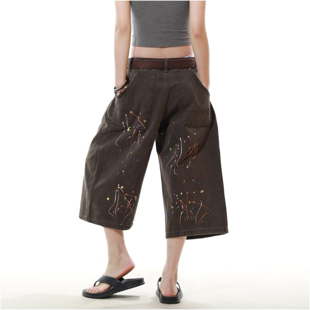 MRNEARLY American retro splashed ink design washed workwear cropped pants for men s casual straight leg loose wide leg pants image 5