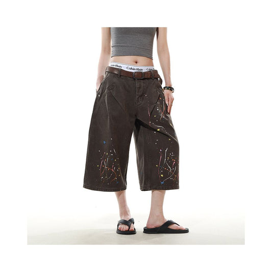 American Retro Splashed Ink Washed Workwear Cropped Shorts