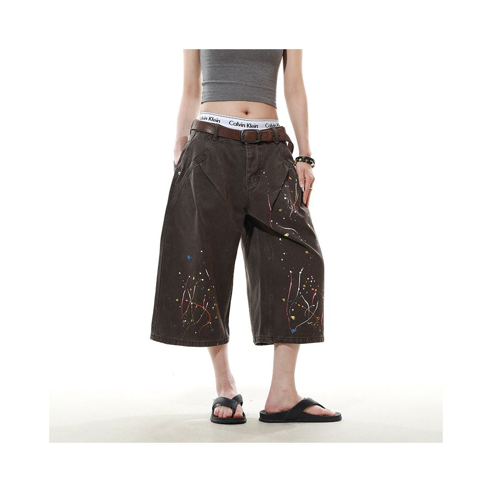 American Retro Splashed Ink Washed Workwear Cropped Shorts