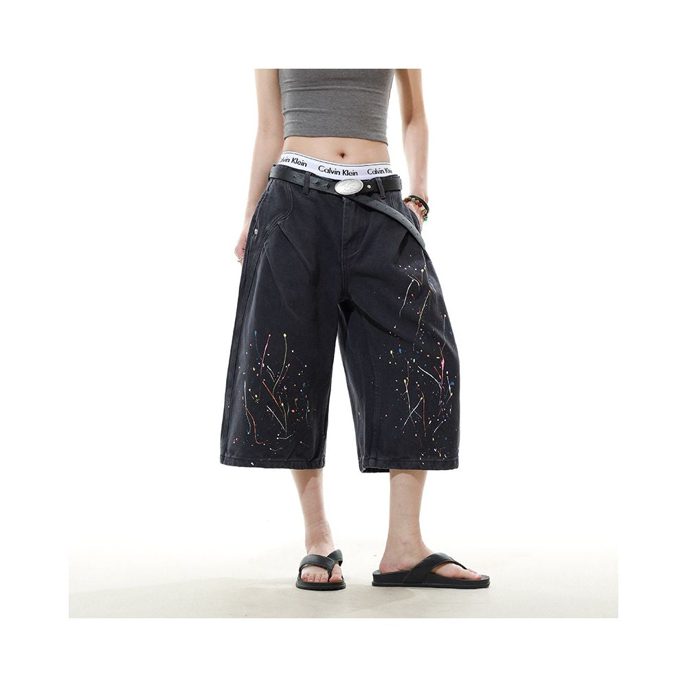American Retro Splashed Ink Washed Workwear Cropped Shorts