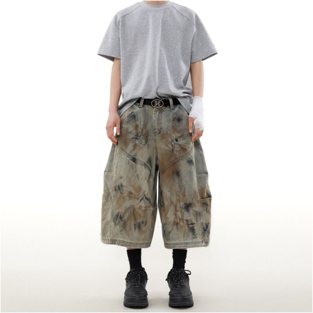 MRNEARLY American High Street Wasteland Feng Shui Wash Dirty Dyeing Jeans Men s Design Sense Niche Wide Leg Seven Cent Pants image 2