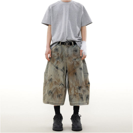 MRNEARLY American High Street Wasteland Feng Shui Wash Dirty Dyeing Jeans Men s Design Sense Niche Wide Leg Seven Cent Pants image 2