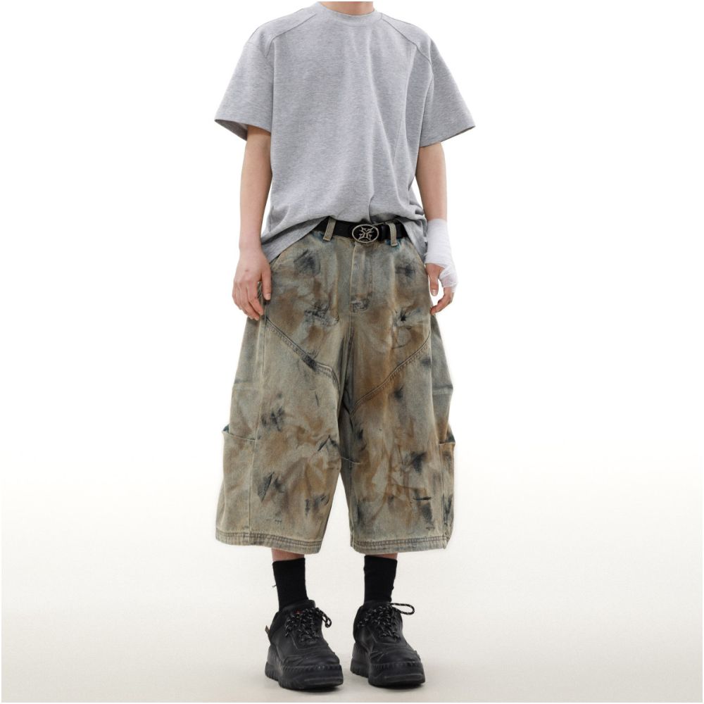 MRNEARLY American High Street Wasteland Feng Shui Wash Dirty Dyeing Jeans Men s Design Sense Niche Wide Leg Seven Cent Pants image 3