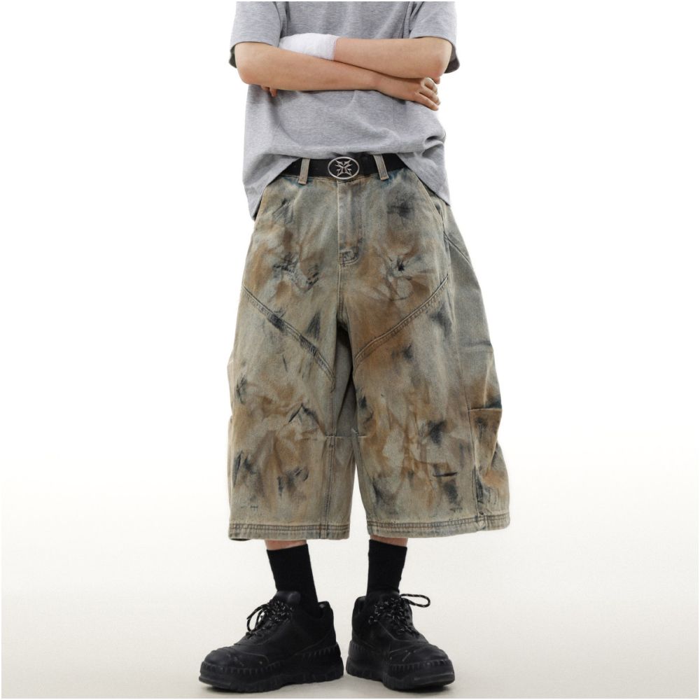 MRNEARLY American High Street Wasteland Feng Shui Wash Dirty Dyeing Jeans Men s Design Sense Niche Wide Leg Seven Cent Pants image 5