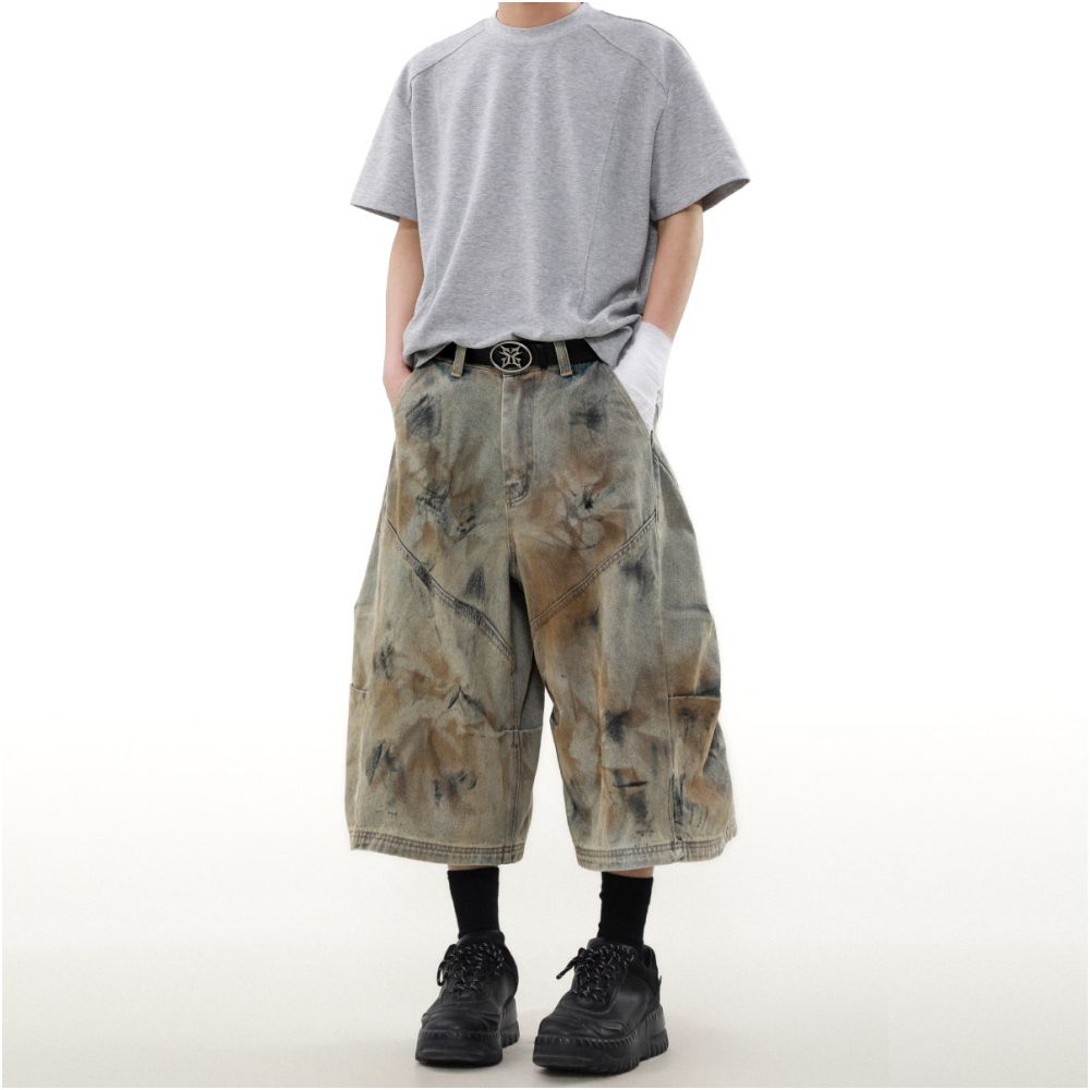 MRNEARLY American High Street Wasteland Feng Shui Wash Dirty Dyeing Jeans Men s Design Sense Niche Wide Leg Seven Cent Pants image 0