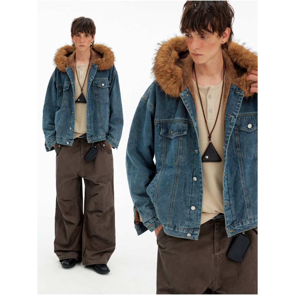 MADWATCH Retro Hairy Neck Mountain Carving Washed Denim Jacket for Men and Women Loose and Casual Winter Warm Jacket Trendy image 1