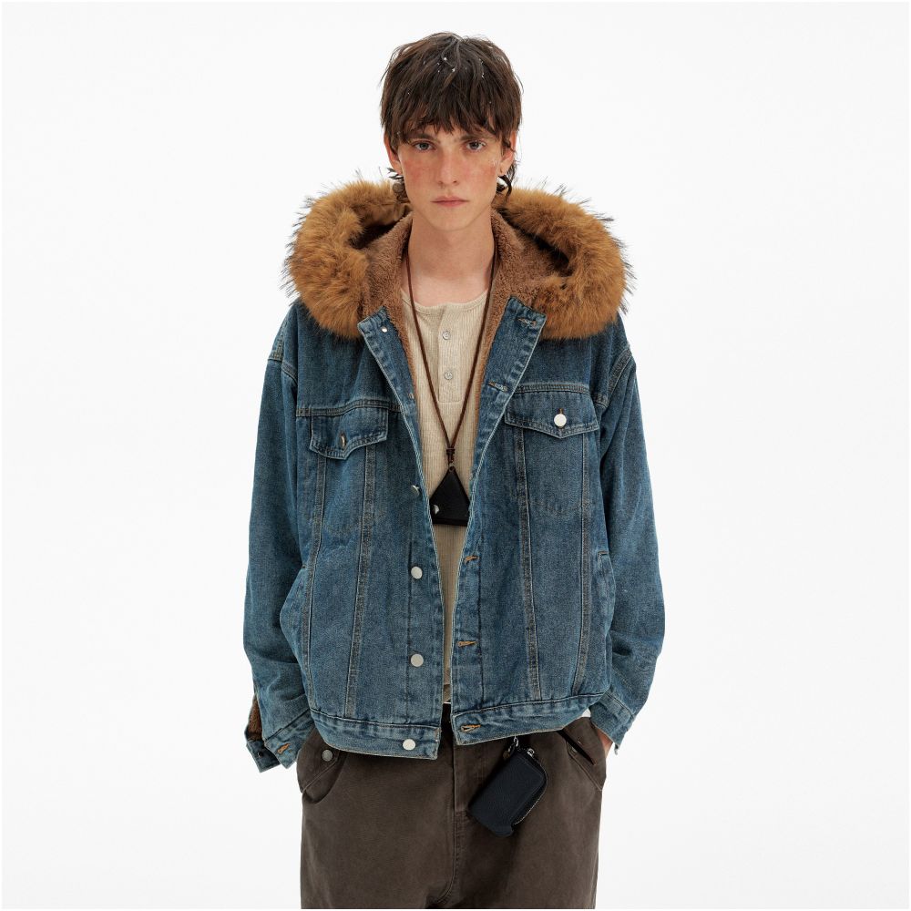 MADWATCH Retro Hairy Neck Mountain Carving Washed Denim Jacket for Men and Women Loose and Casual Winter Warm Jacket Trendy image 2