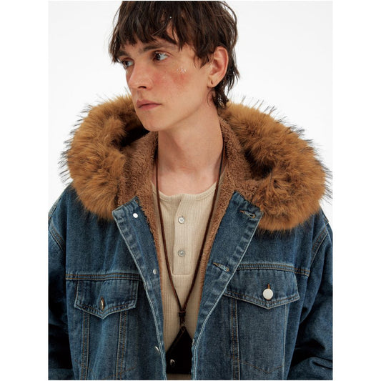 MADWATCH Retro Hairy Neck Mountain Carving Washed Denim Jacket for Men and Women Loose and Casual Winter Warm Jacket Trendy image 3