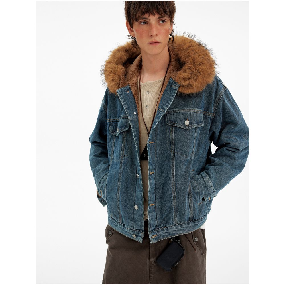 MADWATCH Retro Hairy Neck Mountain Carving Washed Denim Jacket for Men and Women Loose and Casual Winter Warm Jacket Trendy image 4