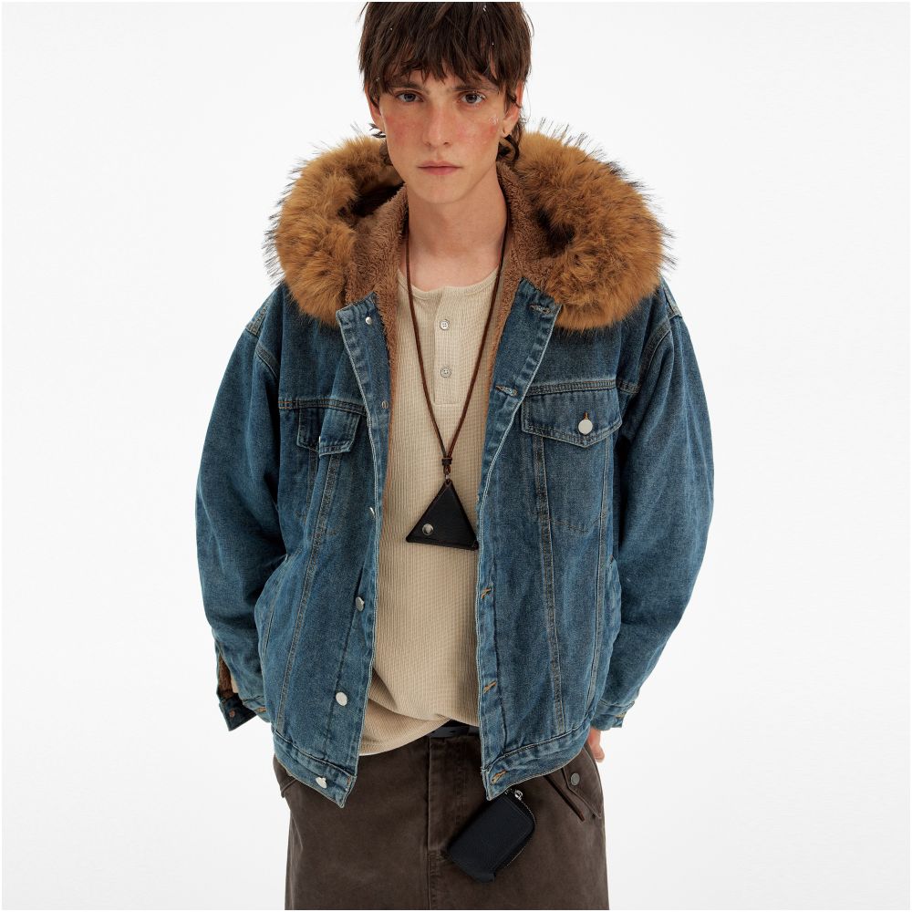 MADWATCH Retro Hairy Neck Mountain Carving Washed Denim Jacket for Men and Women Loose and Casual Winter Warm Jacket Trendy image 5
