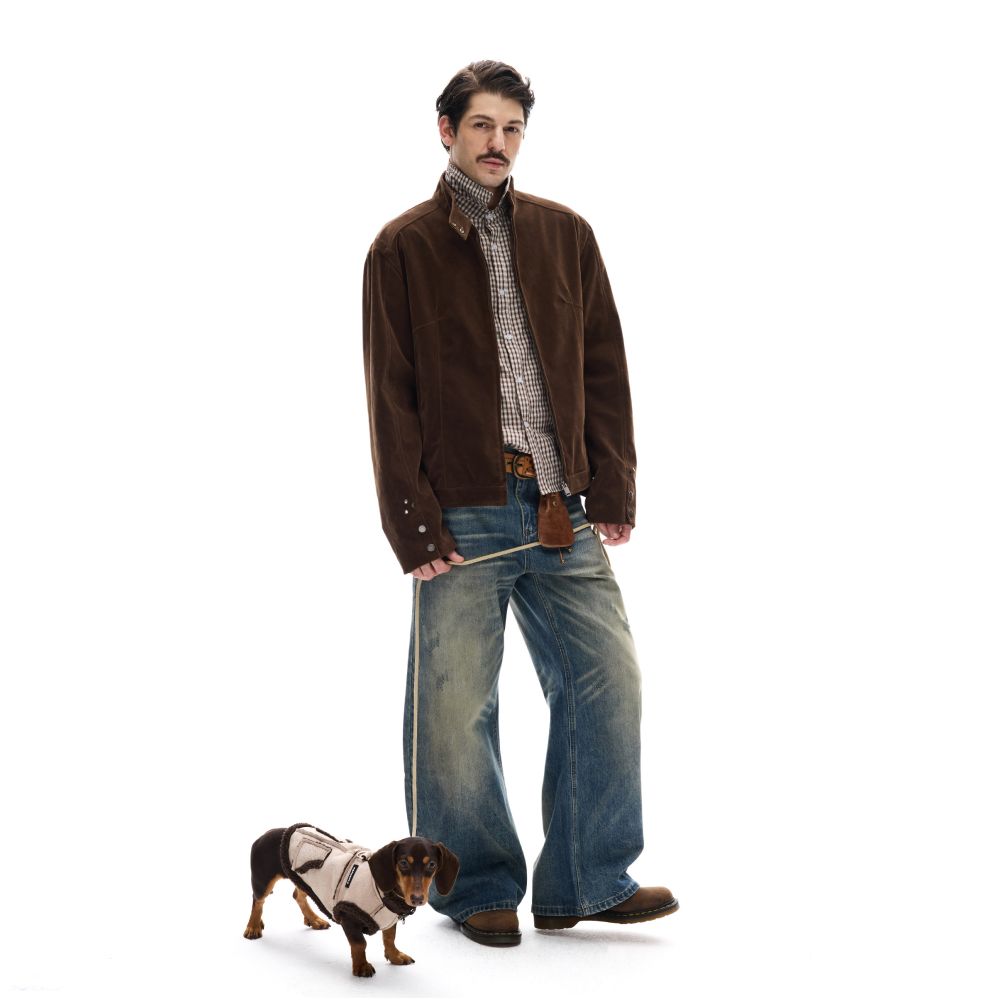 MADWITCH modern street retro suede workwear stand up collar jacket for men and women s casual deconstruction splicing short jacket image 2