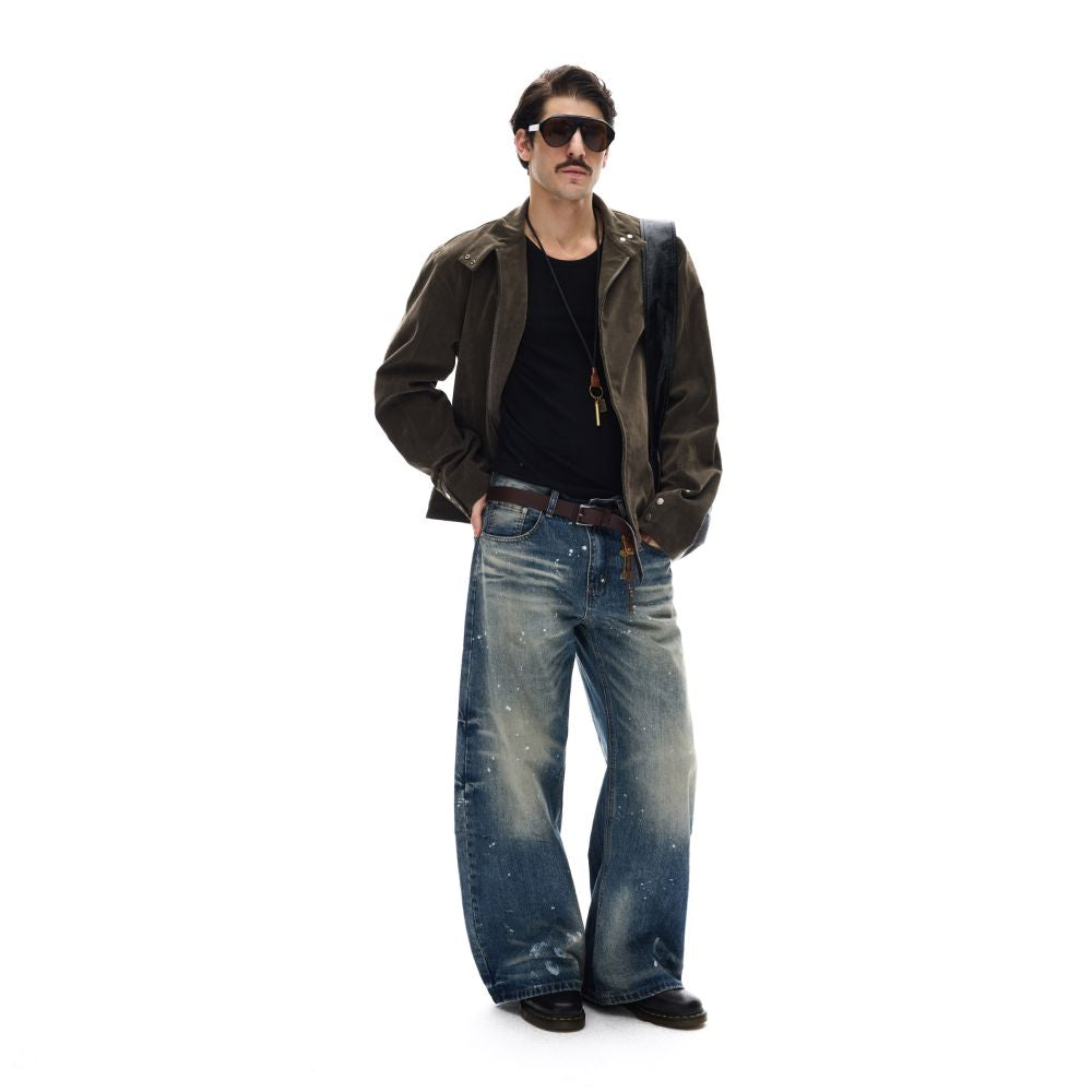 MADWITCH modern street retro suede workwear stand up collar jacket for men and women s casual deconstruction splicing short jacket image 5