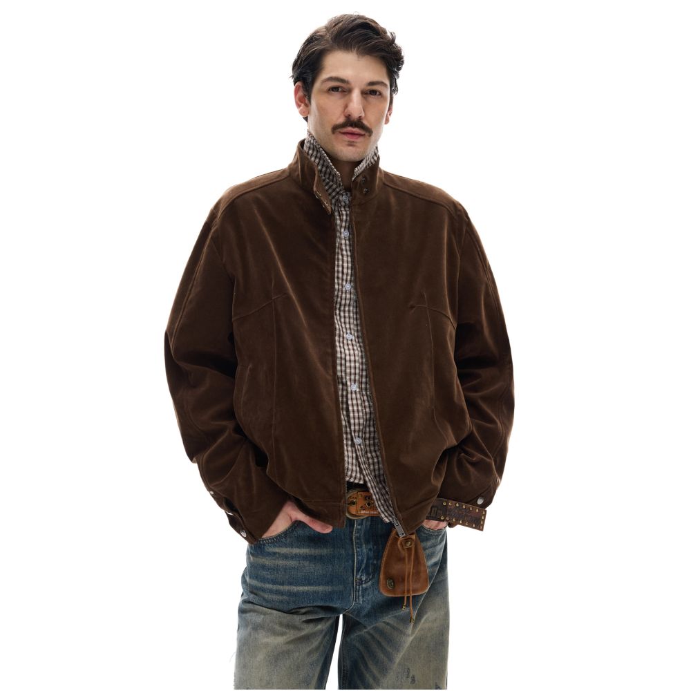 MADWITCH modern street retro suede workwear stand up collar jacket for men and women s casual deconstruction splicing short jacket image 0