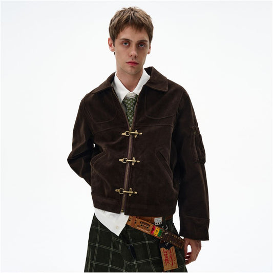 MADWITCH deconstructive splicing airplane buckle short jacket for men and women vintage vintage suede jacket ins image 0