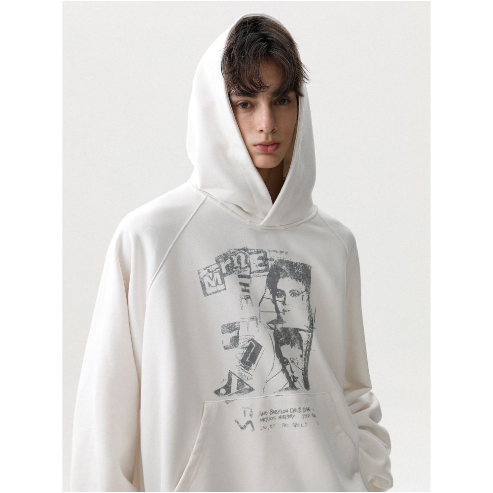 MRNEARLY American street cut raglan sleeves portrait print hooded sweatshirt men s autumn trendy loose top image 2
