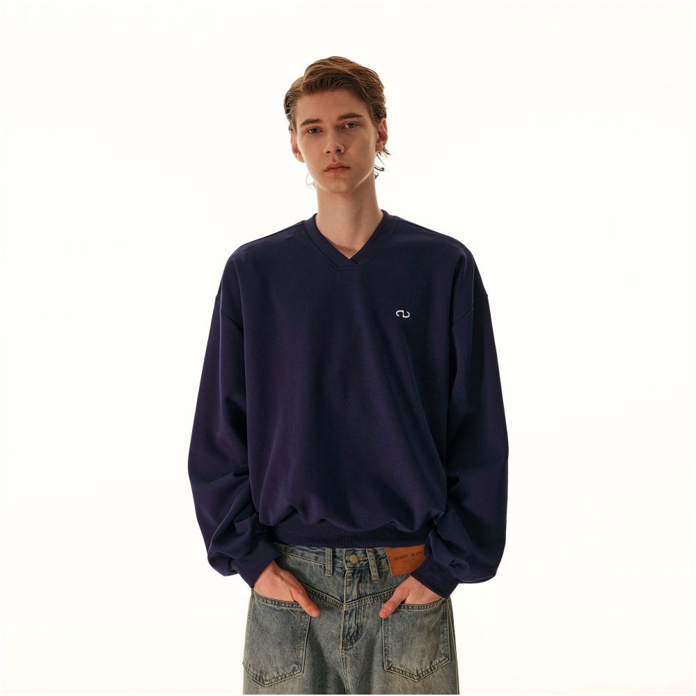 MRNEARLY American retro air layer silhouette V neck sweatshirt men s trendy brand loose casual versatile long sleeved top image 1