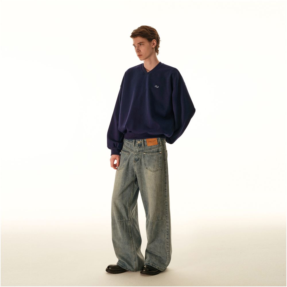 MRNEARLY American retro air layer silhouette V neck sweatshirt men s trendy brand loose casual versatile long sleeved top image 2