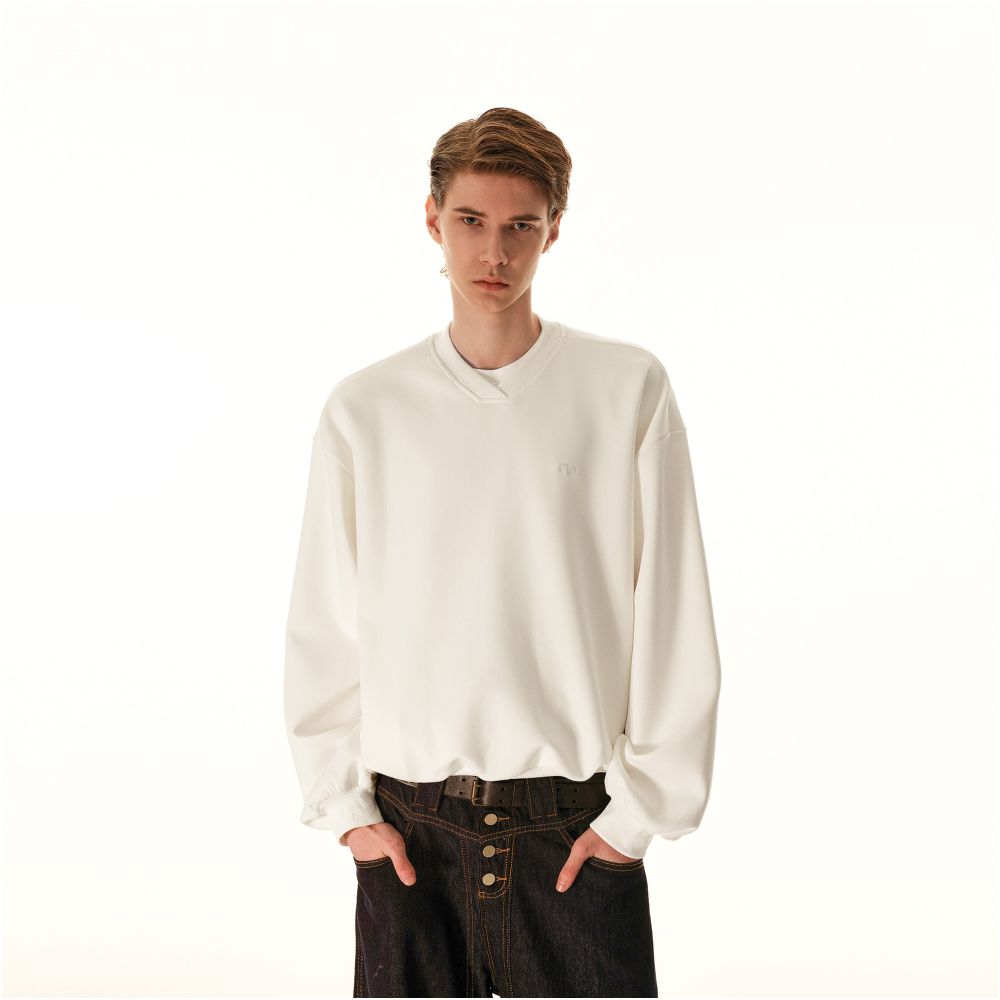 MRNEARLY American retro air layer silhouette V neck sweatshirt men s trendy brand loose casual versatile long sleeved top image 3