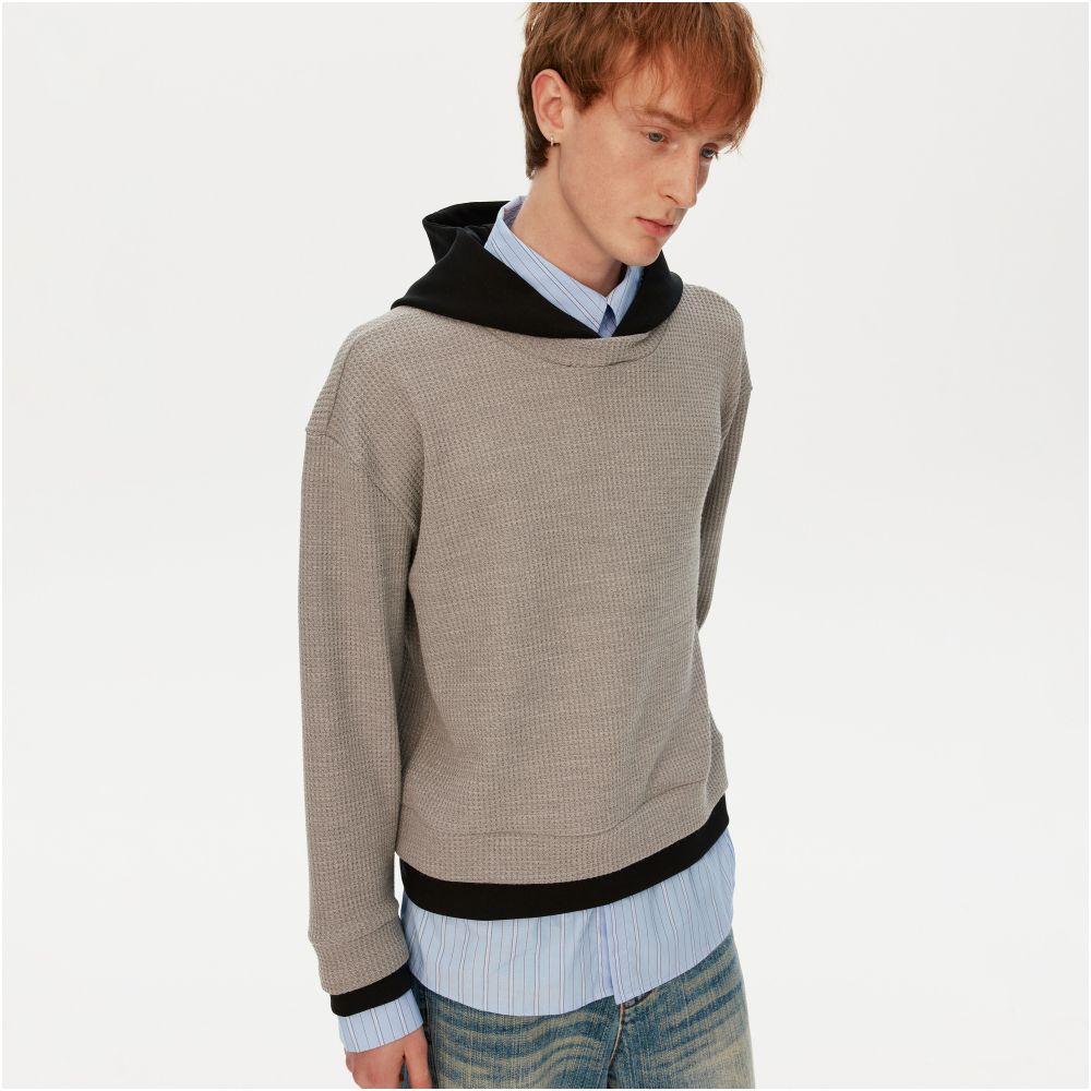 MADWITCH American style niche splicing fake three piece hooded sweatshirt for men and women loose casual waffle design top image 2