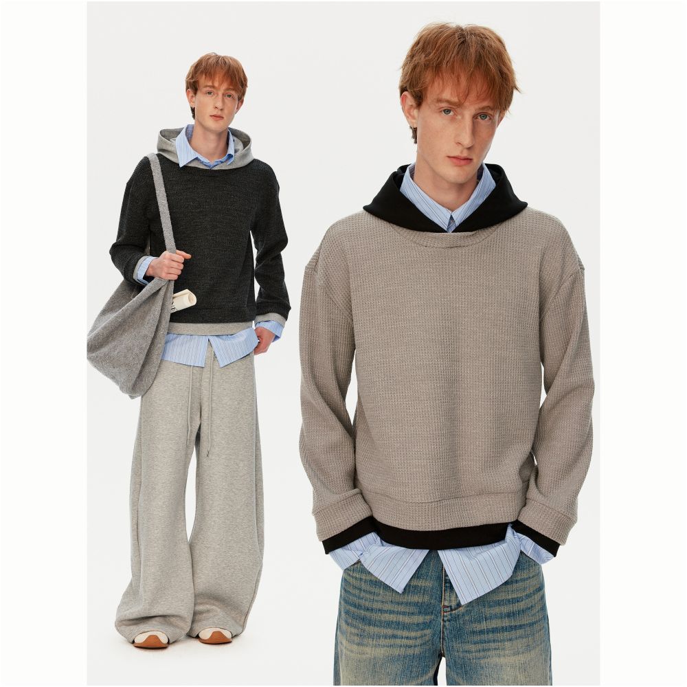 MADWITCH American style niche splicing fake three piece hooded sweatshirt for men and women loose casual waffle design top image 0