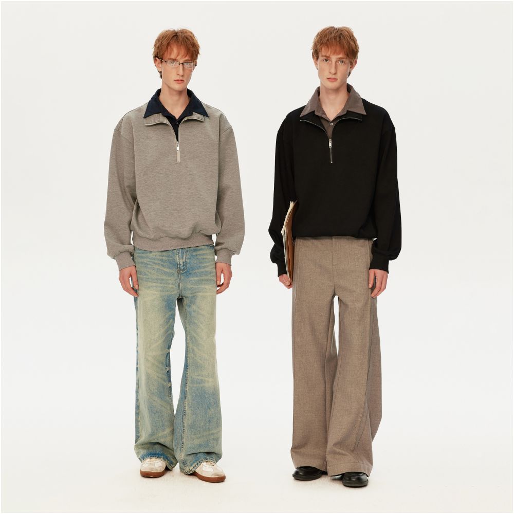 MADWITCH Retro High Grade Contrast Color Double Collar Long Sleeve Hoodie for Men and Women Commuting Casual Half Zipper Top Trendy image 2