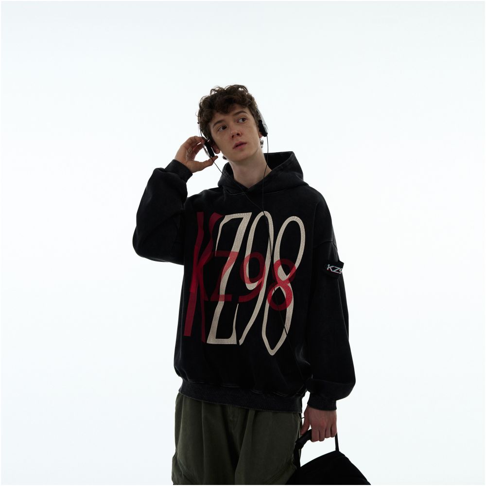 MADWITCH American retro letter print crack washed distressed hooded sweatshirt for men and women high street loose top image 2