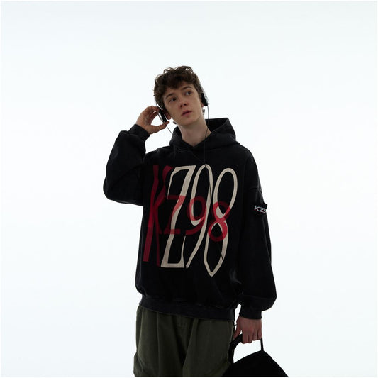 MADWITCH American retro letter print crack washed distressed hooded sweatshirt for men and women high street loose top image 2