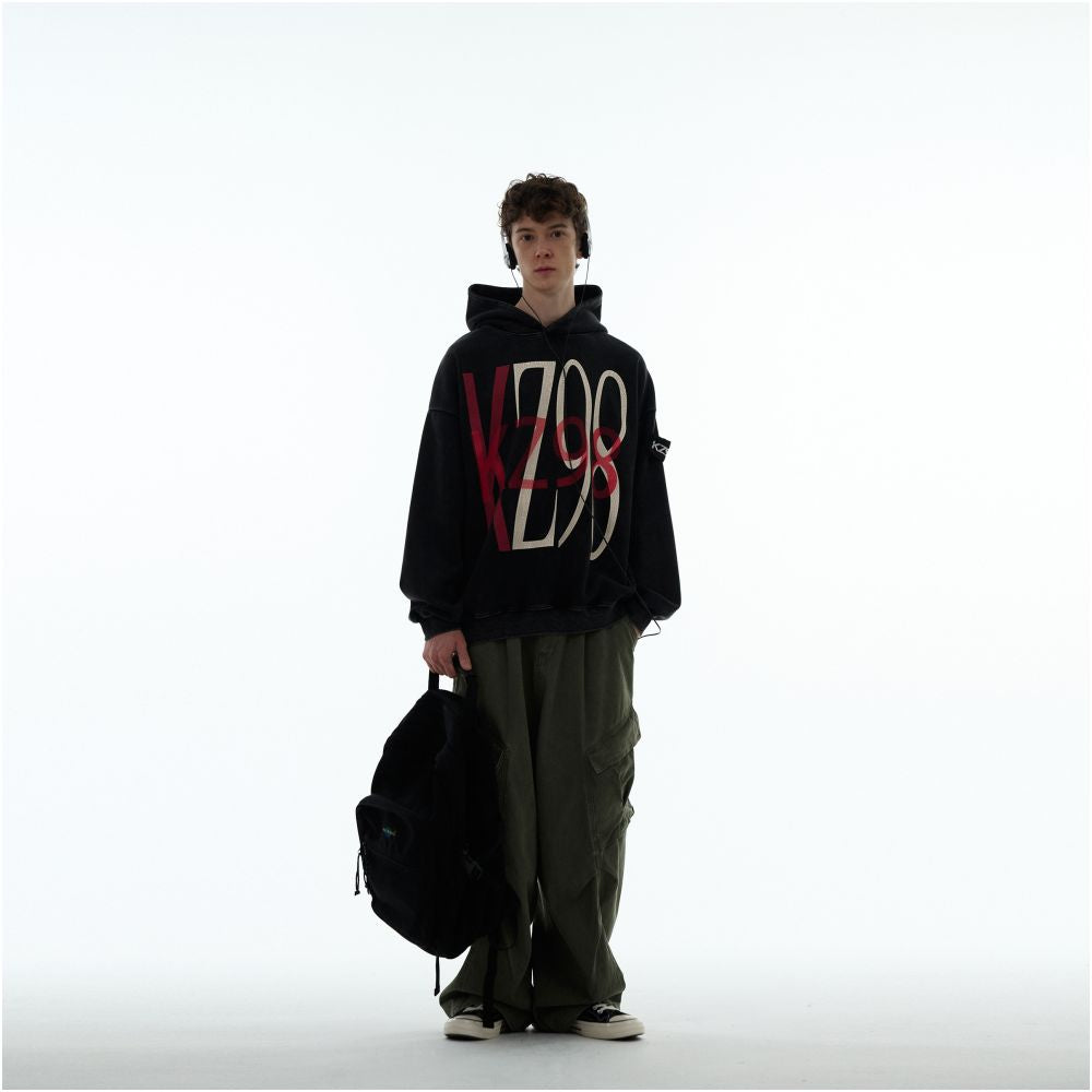 MADWITCH American retro letter print crack washed distressed hooded sweatshirt for men and women high street loose top image 3