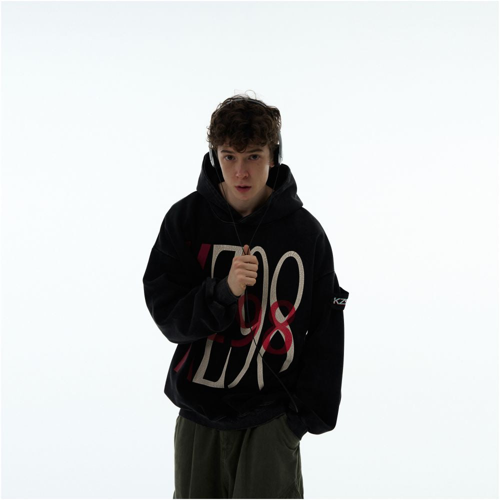 MADWITCH American retro letter print crack washed distressed hooded sweatshirt for men and women high street loose top image 4