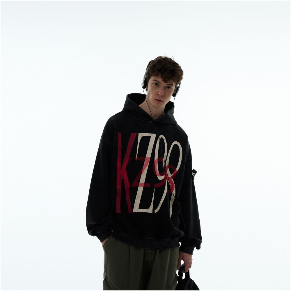 MADWITCH American retro letter print crack washed distressed hooded sweatshirt for men and women high street loose top image 5