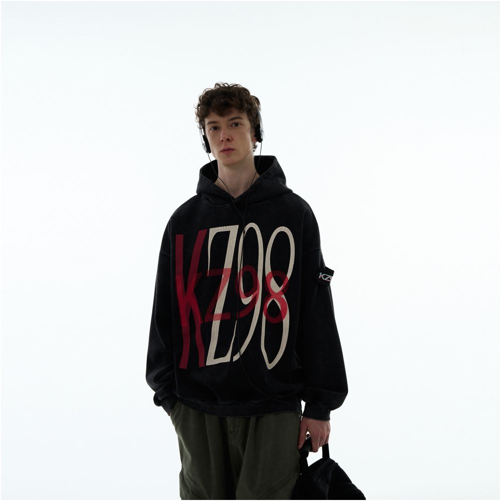 MADWITCH American retro letter print crack washed distressed hooded sweatshirt for men and women high street loose top image 0