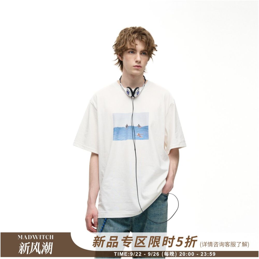 MADWITCH American Retro Cleanfit Sea View Printed Short Sleeve Men s and Women s Loose Casual Cotton Round Neck T shirt image 1