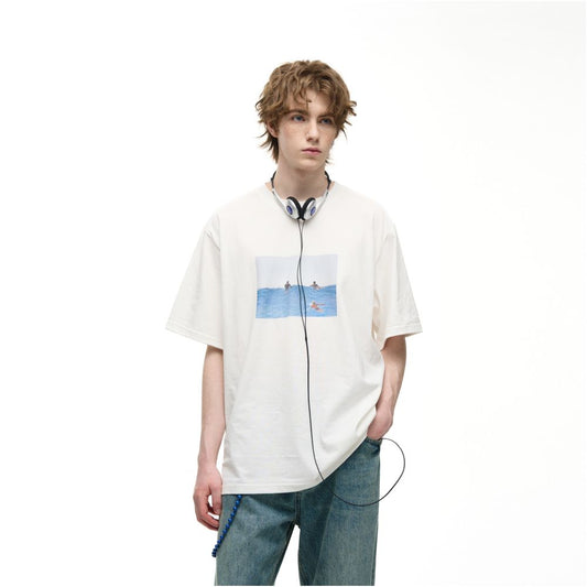 American Retro Sea View Print Short Sleeve T-Shirt